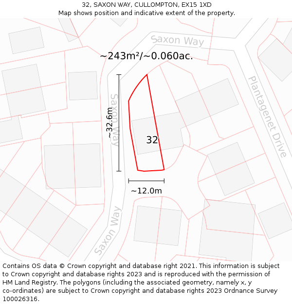 32, SAXON WAY, CULLOMPTON, EX15 1XD: Plot and title map