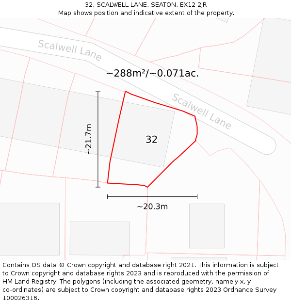 32, SCALWELL LANE, SEATON, EX12 2JR: Plot and title map