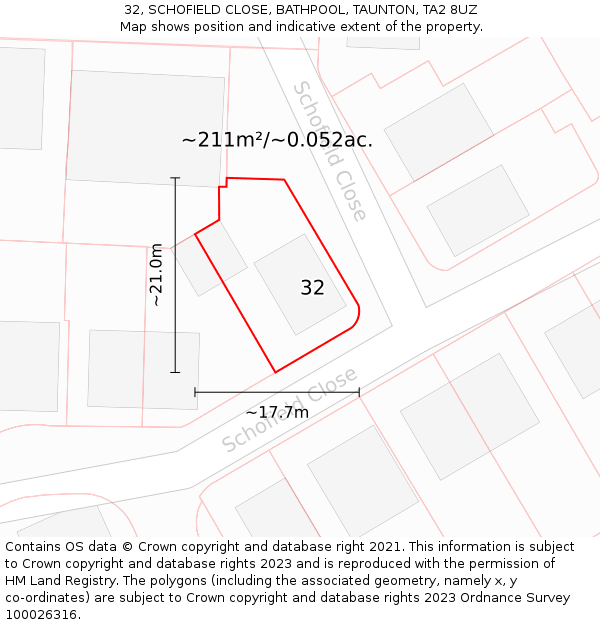32, SCHOFIELD CLOSE, BATHPOOL, TAUNTON, TA2 8UZ: Plot and title map