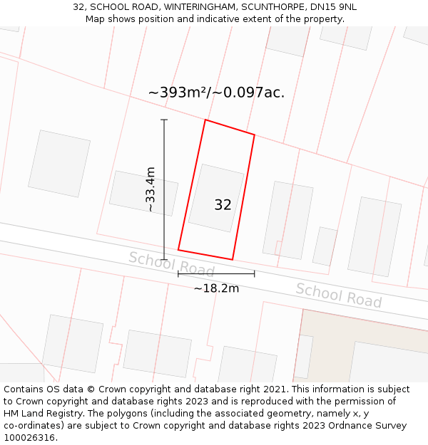 32, SCHOOL ROAD, WINTERINGHAM, SCUNTHORPE, DN15 9NL: Plot and title map