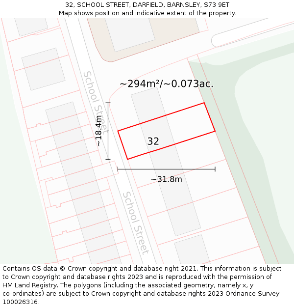32, SCHOOL STREET, DARFIELD, BARNSLEY, S73 9ET: Plot and title map