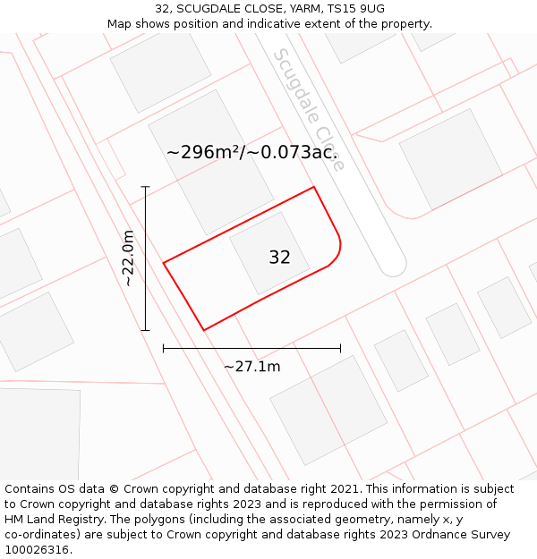 32, SCUGDALE CLOSE, YARM, TS15 9UG: Plot and title map