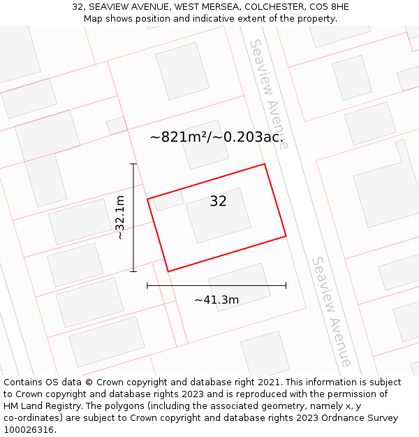 32, SEAVIEW AVENUE, WEST MERSEA, COLCHESTER, CO5 8HE: Plot and title map