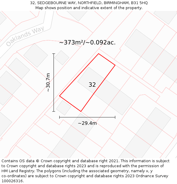 32, SEDGEBOURNE WAY, NORTHFIELD, BIRMINGHAM, B31 5HQ: Plot and title map