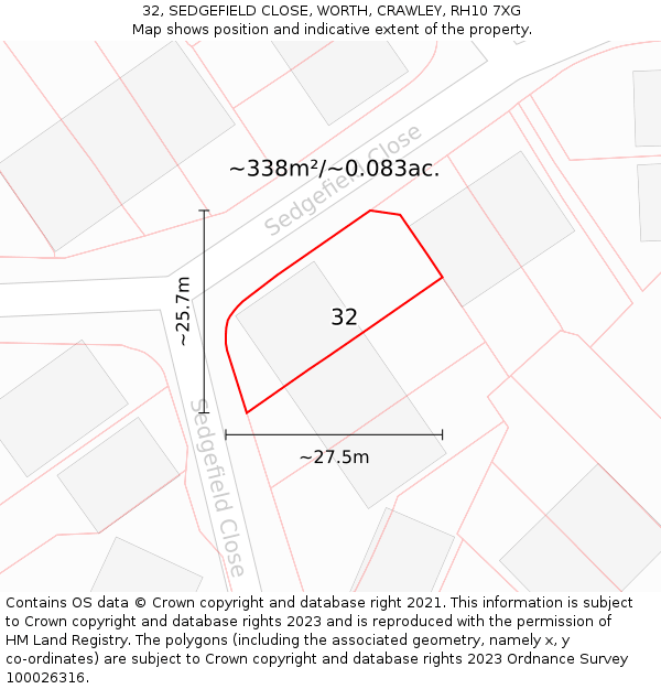 32, SEDGEFIELD CLOSE, WORTH, CRAWLEY, RH10 7XG: Plot and title map