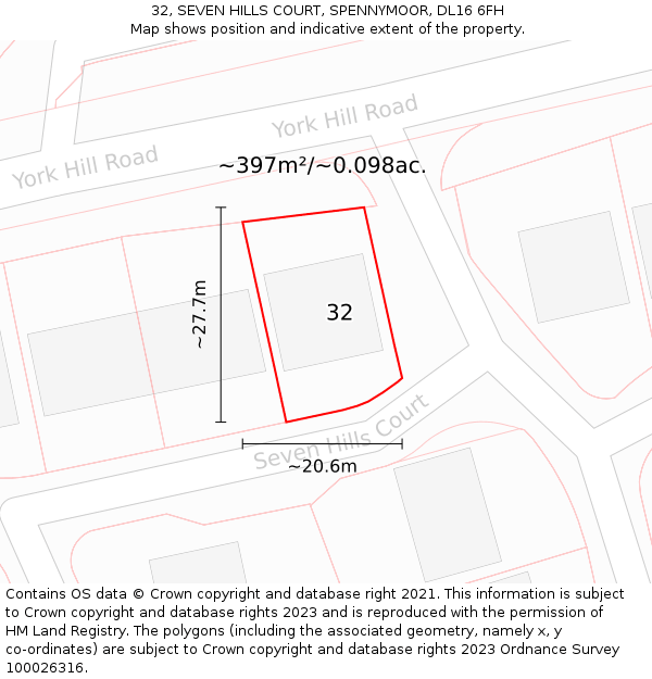 32, SEVEN HILLS COURT, SPENNYMOOR, DL16 6FH: Plot and title map