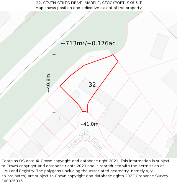 32, SEVEN STILES DRIVE, MARPLE, STOCKPORT, SK6 6LT: Plot and title map