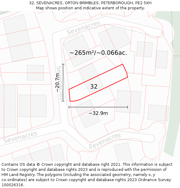 32, SEVENACRES, ORTON BRIMBLES, PETERBOROUGH, PE2 5XH: Plot and title map
