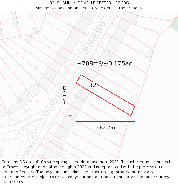 32, SHANKLIN DRIVE, LEICESTER, LE2 3RG: Plot and title map