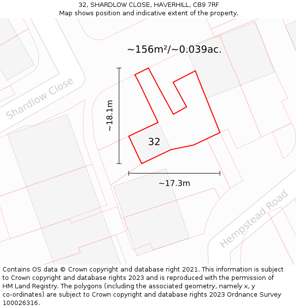 32, SHARDLOW CLOSE, HAVERHILL, CB9 7RF: Plot and title map