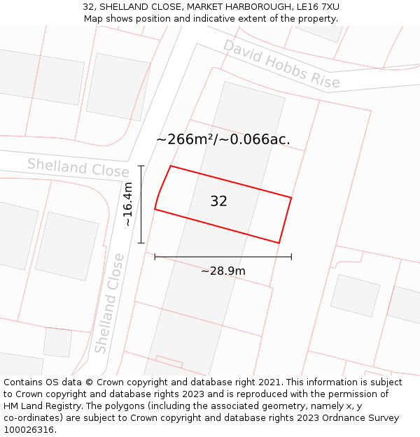 32, SHELLAND CLOSE, MARKET HARBOROUGH, LE16 7XU: Plot and title map