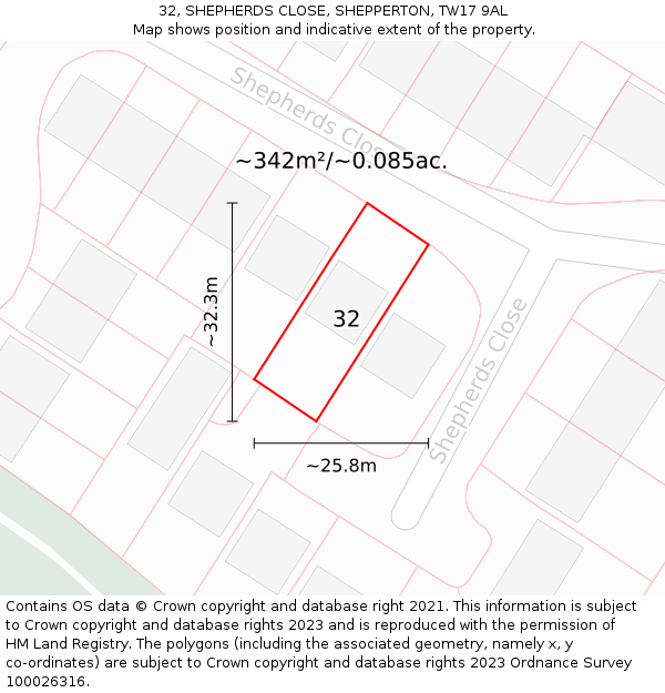 32, SHEPHERDS CLOSE, SHEPPERTON, TW17 9AL: Plot and title map