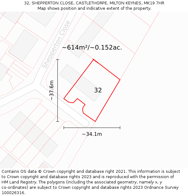 32, SHEPPERTON CLOSE, CASTLETHORPE, MILTON KEYNES, MK19 7HR: Plot and title map