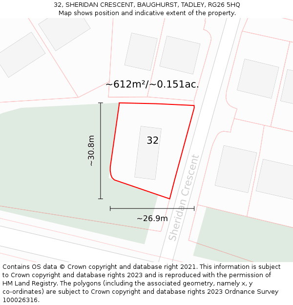 32, SHERIDAN CRESCENT, BAUGHURST, TADLEY, RG26 5HQ: Plot and title map