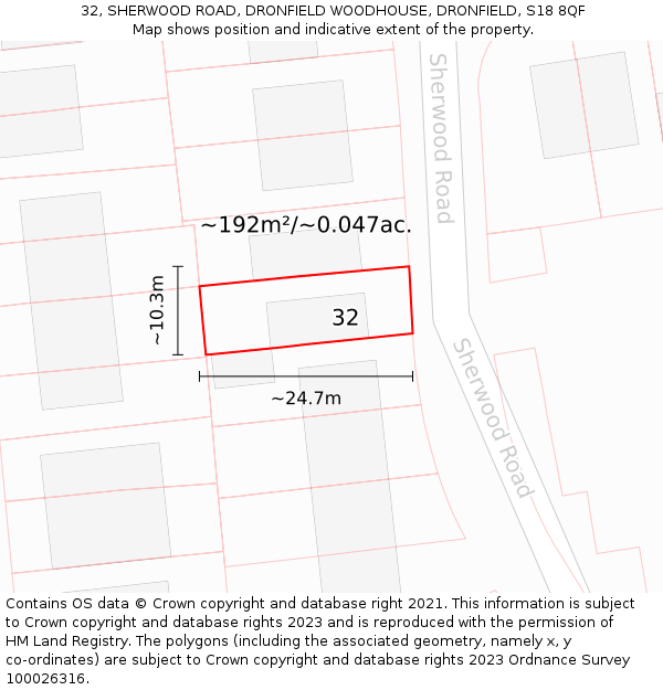 32, SHERWOOD ROAD, DRONFIELD WOODHOUSE, DRONFIELD, S18 8QF: Plot and title map
