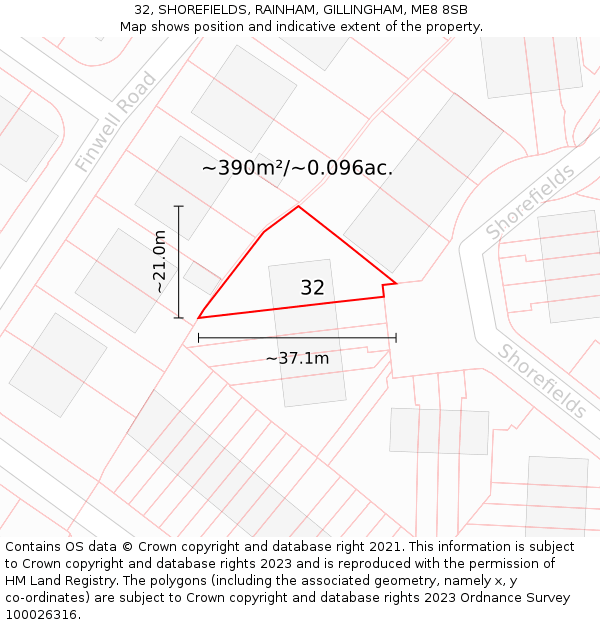 32, SHOREFIELDS, RAINHAM, GILLINGHAM, ME8 8SB: Plot and title map