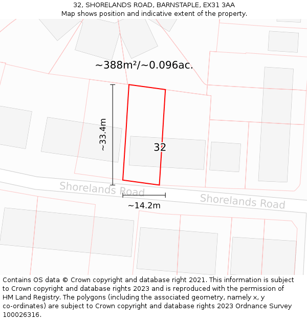 32, SHORELANDS ROAD, BARNSTAPLE, EX31 3AA: Plot and title map