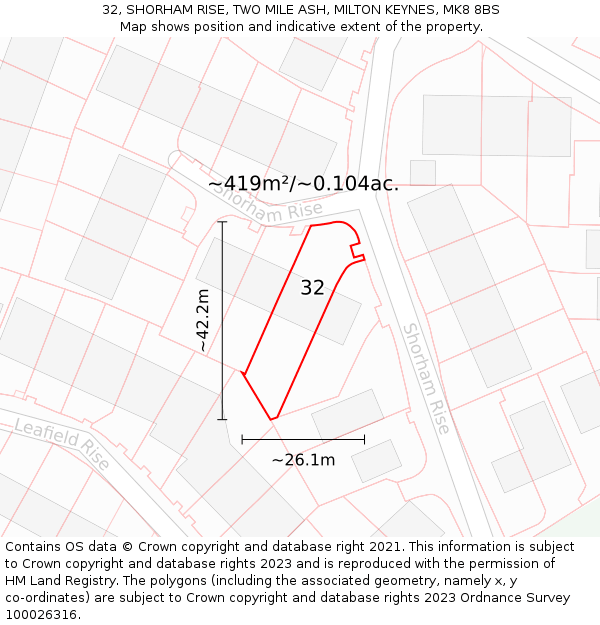 32, SHORHAM RISE, TWO MILE ASH, MILTON KEYNES, MK8 8BS: Plot and title map