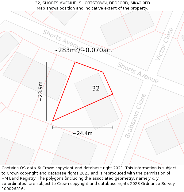 32, SHORTS AVENUE, SHORTSTOWN, BEDFORD, MK42 0FB: Plot and title map