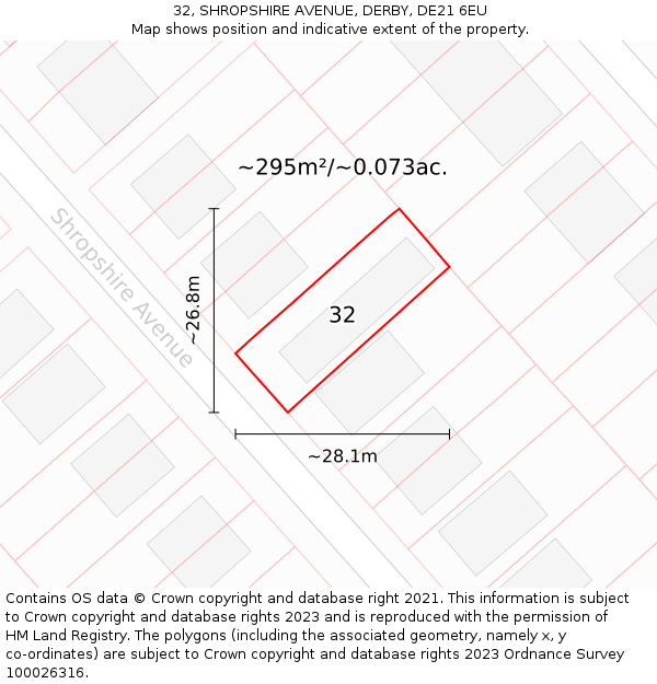 32, SHROPSHIRE AVENUE, DERBY, DE21 6EU: Plot and title map