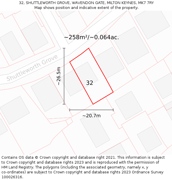 32, SHUTTLEWORTH GROVE, WAVENDON GATE, MILTON KEYNES, MK7 7RY: Plot and title map