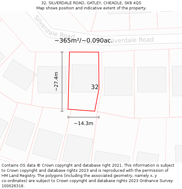 32, SILVERDALE ROAD, GATLEY, CHEADLE, SK8 4QS: Plot and title map