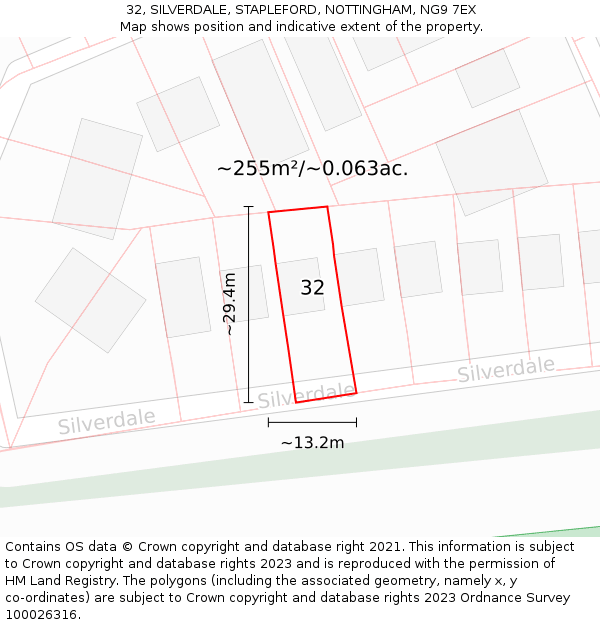 32, SILVERDALE, STAPLEFORD, NOTTINGHAM, NG9 7EX: Plot and title map