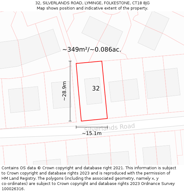 32, SILVERLANDS ROAD, LYMINGE, FOLKESTONE, CT18 8JG: Plot and title map