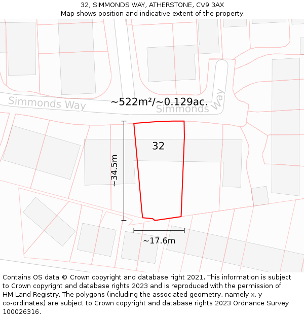 32, SIMMONDS WAY, ATHERSTONE, CV9 3AX: Plot and title map