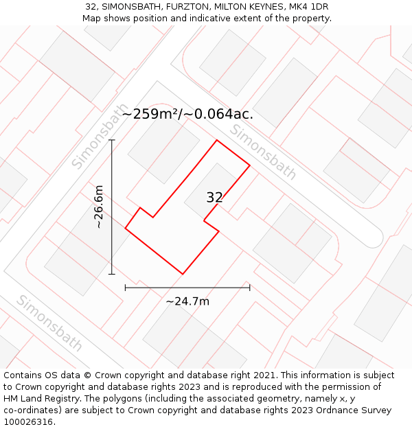 32, SIMONSBATH, FURZTON, MILTON KEYNES, MK4 1DR: Plot and title map