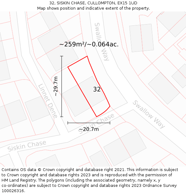 32, SISKIN CHASE, CULLOMPTON, EX15 1UD: Plot and title map