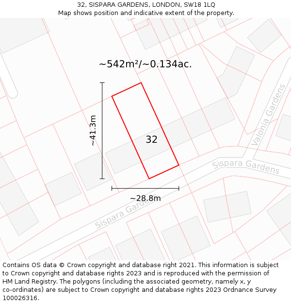 32, SISPARA GARDENS, LONDON, SW18 1LQ: Plot and title map