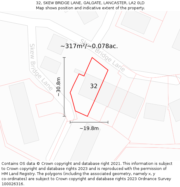 32, SKEW BRIDGE LANE, GALGATE, LANCASTER, LA2 0LD: Plot and title map