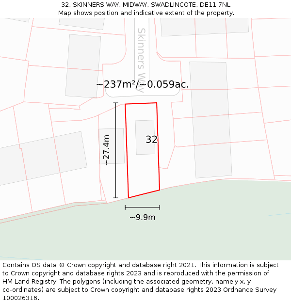 32, SKINNERS WAY, MIDWAY, SWADLINCOTE, DE11 7NL: Plot and title map
