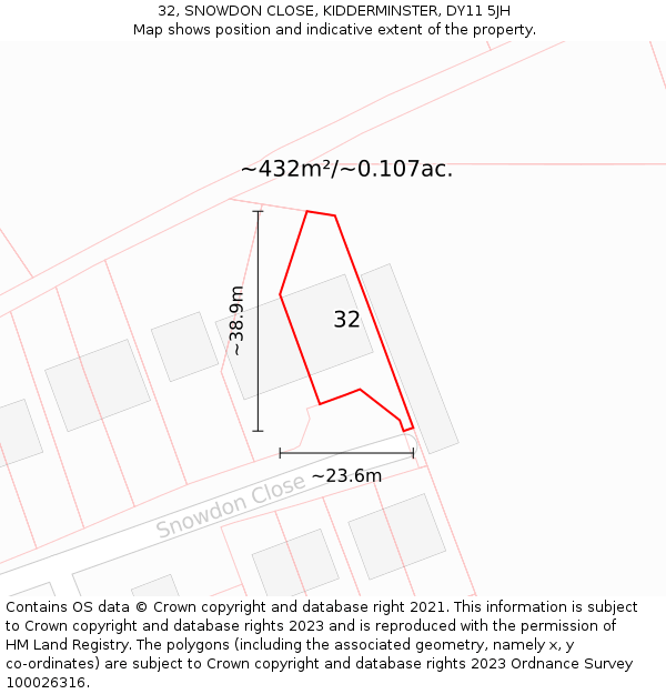 32, SNOWDON CLOSE, KIDDERMINSTER, DY11 5JH: Plot and title map