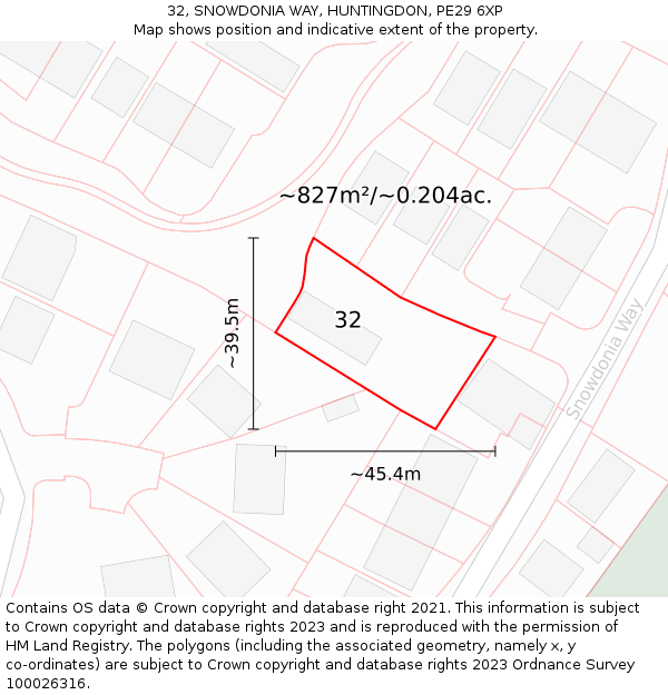 32, SNOWDONIA WAY, HUNTINGDON, PE29 6XP: Plot and title map