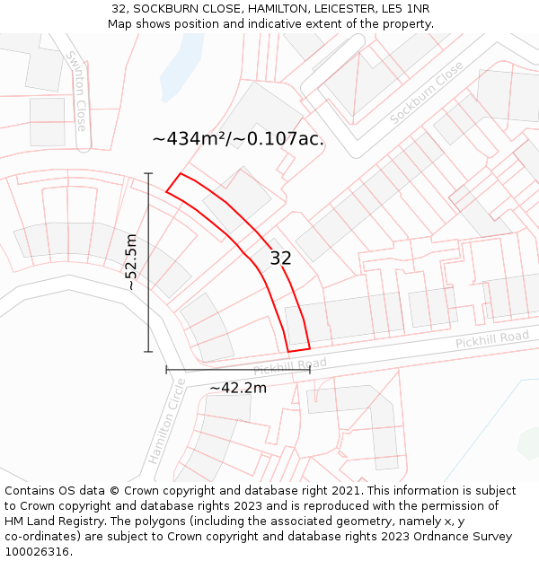 32, SOCKBURN CLOSE, HAMILTON, LEICESTER, LE5 1NR: Plot and title map