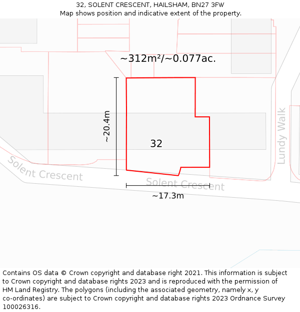32, SOLENT CRESCENT, HAILSHAM, BN27 3FW: Plot and title map