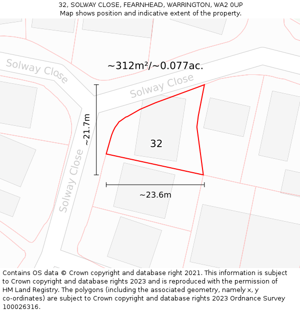32, SOLWAY CLOSE, FEARNHEAD, WARRINGTON, WA2 0UP: Plot and title map