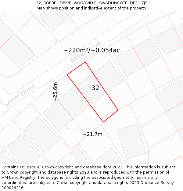32, SORREL DRIVE, WOODVILLE, SWADLINCOTE, DE11 7JS: Plot and title map