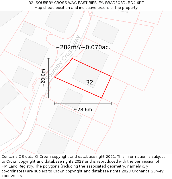 32, SOUREBY CROSS WAY, EAST BIERLEY, BRADFORD, BD4 6PZ: Plot and title map