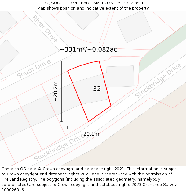 32, SOUTH DRIVE, PADIHAM, BURNLEY, BB12 8SH: Plot and title map