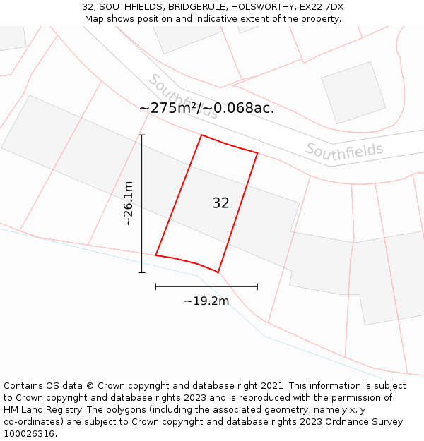 32, SOUTHFIELDS, BRIDGERULE, HOLSWORTHY, EX22 7DX: Plot and title map