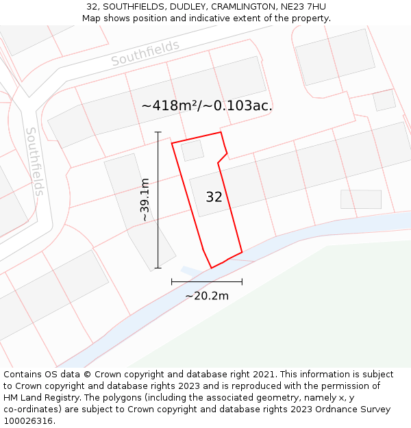 32, SOUTHFIELDS, DUDLEY, CRAMLINGTON, NE23 7HU: Plot and title map