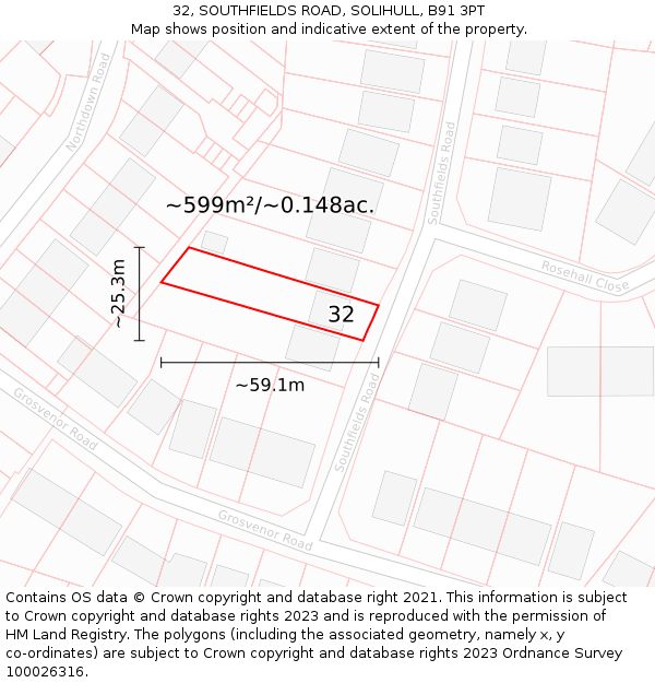 32, SOUTHFIELDS ROAD, SOLIHULL, B91 3PT: Plot and title map