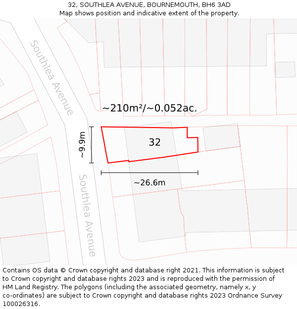 32, SOUTHLEA AVENUE, BOURNEMOUTH, BH6 3AD: Plot and title map