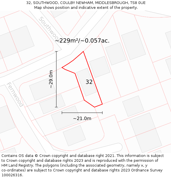 32, SOUTHWOOD, COULBY NEWHAM, MIDDLESBROUGH, TS8 0UE: Plot and title map