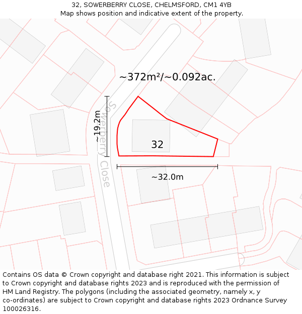 32, SOWERBERRY CLOSE, CHELMSFORD, CM1 4YB: Plot and title map