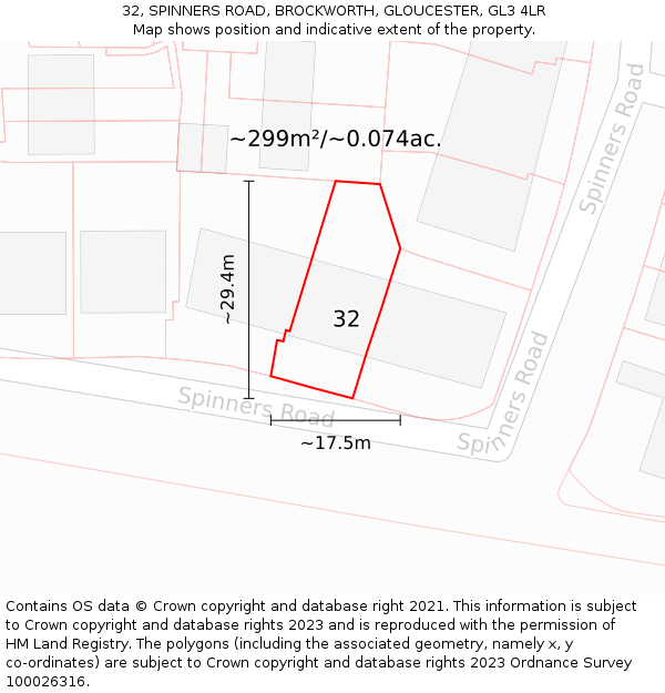 32, SPINNERS ROAD, BROCKWORTH, GLOUCESTER, GL3 4LR: Plot and title map