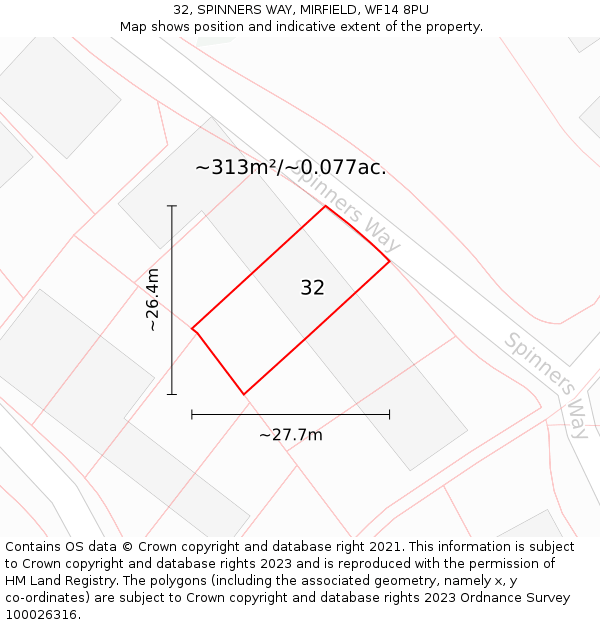 32, SPINNERS WAY, MIRFIELD, WF14 8PU: Plot and title map
